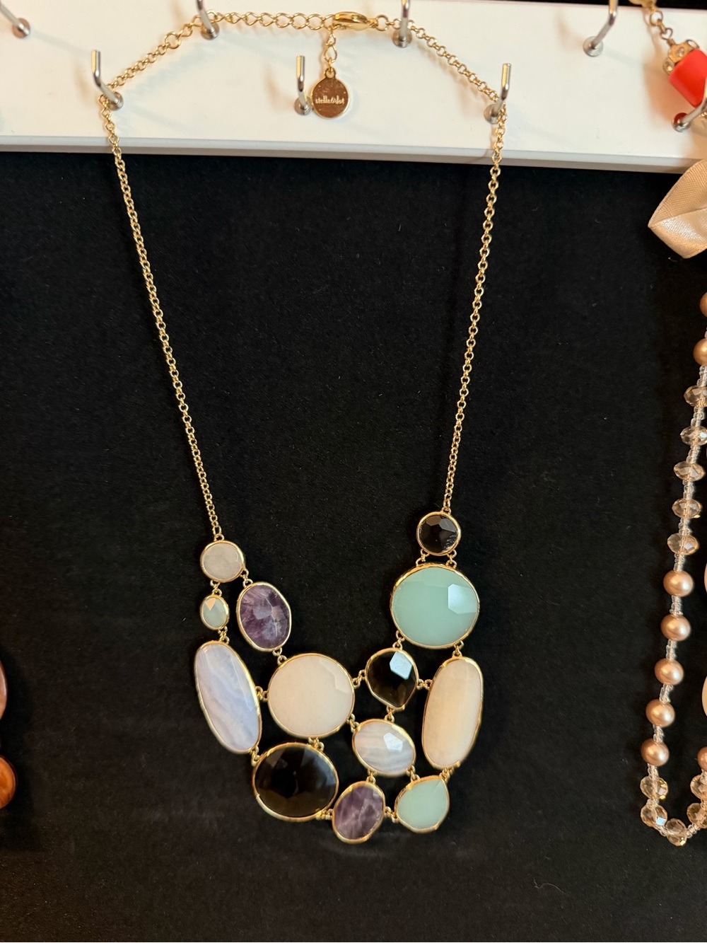 Stella & Dot Gold Multi-Stone Necklace in Mint, Lavender, Black, Cream